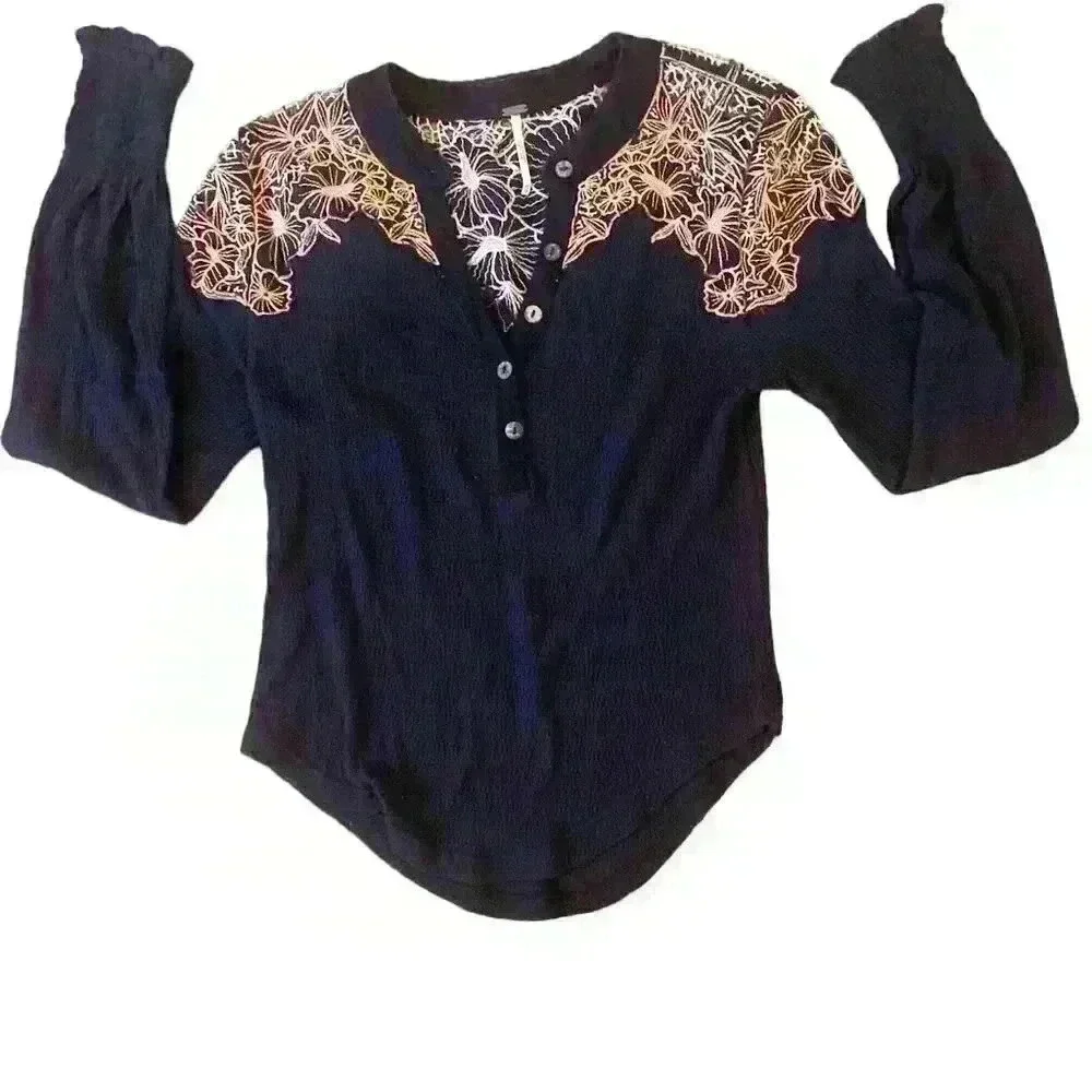 Free People Boho Black Gauze Thermal Embroidered Long Sleeve Top size XS